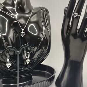 925 Silver Necklace Ring & Earring Set White CZ Diamond Heart Stones Valentines